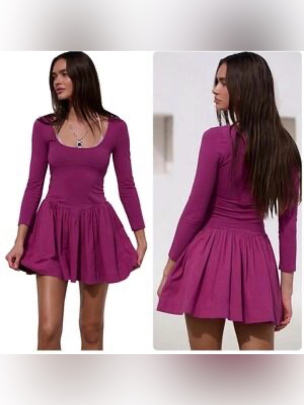 Free People Magenta Long-Sleeve Scoop-Neck Skater Dress